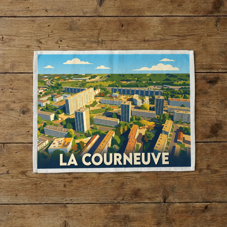 Torchon souvenir de la ville de La Courneuve illustré d'une vue aérienne stylisée.