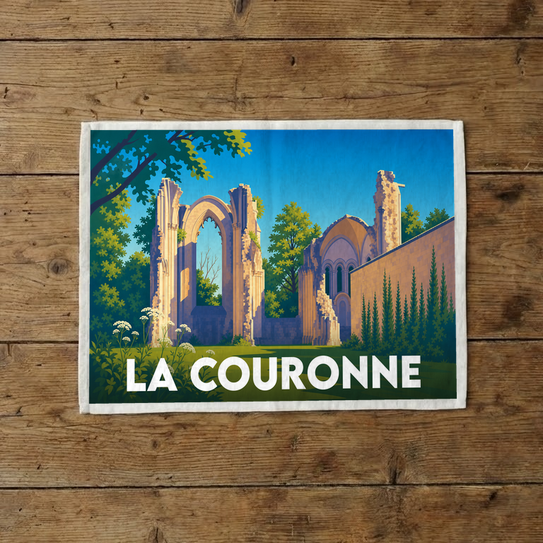 Torchon souvenir de la ville de La Couronne illustré par une représentation stylisée de son abbaye en ruines.