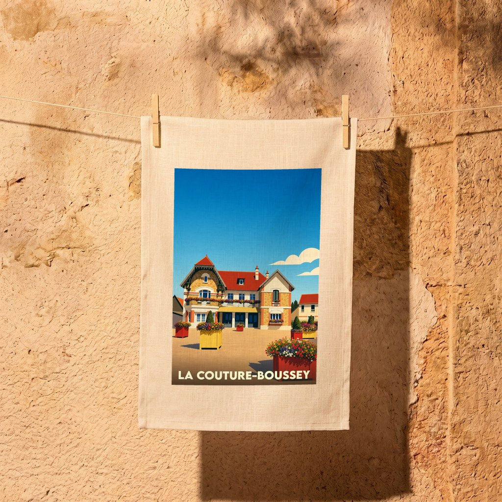 Torchon souvenir de la ville de La Couture-Boussey avec une illustration stylisée.