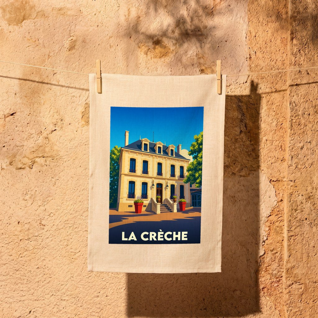Torchon souvenir de la ville de La Crèche orné d'une illustration stylisée d'une demeure traditionnelle.