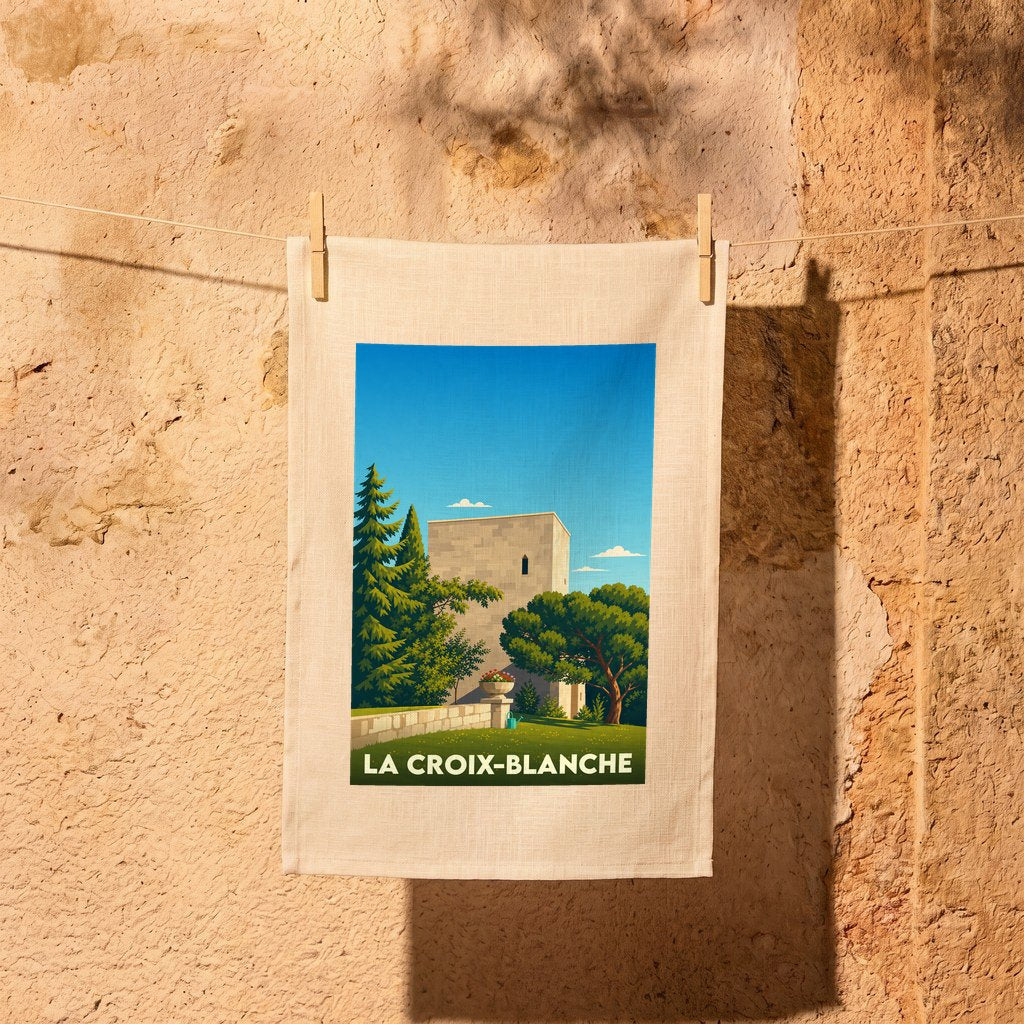 Torchon souvenir de la ville de La Croix-Blanche avec une illustration stylisée d'un monument historique entouré d'arbres.