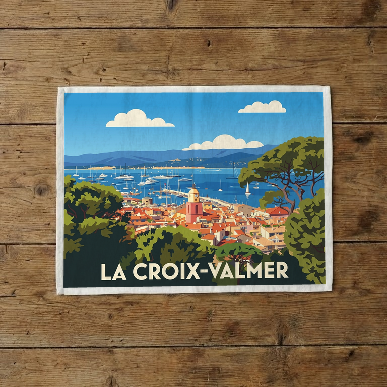 Torchon souvenir de la ville de La Croix-Valmer avec une illustration stylisée de son paysage côtier.