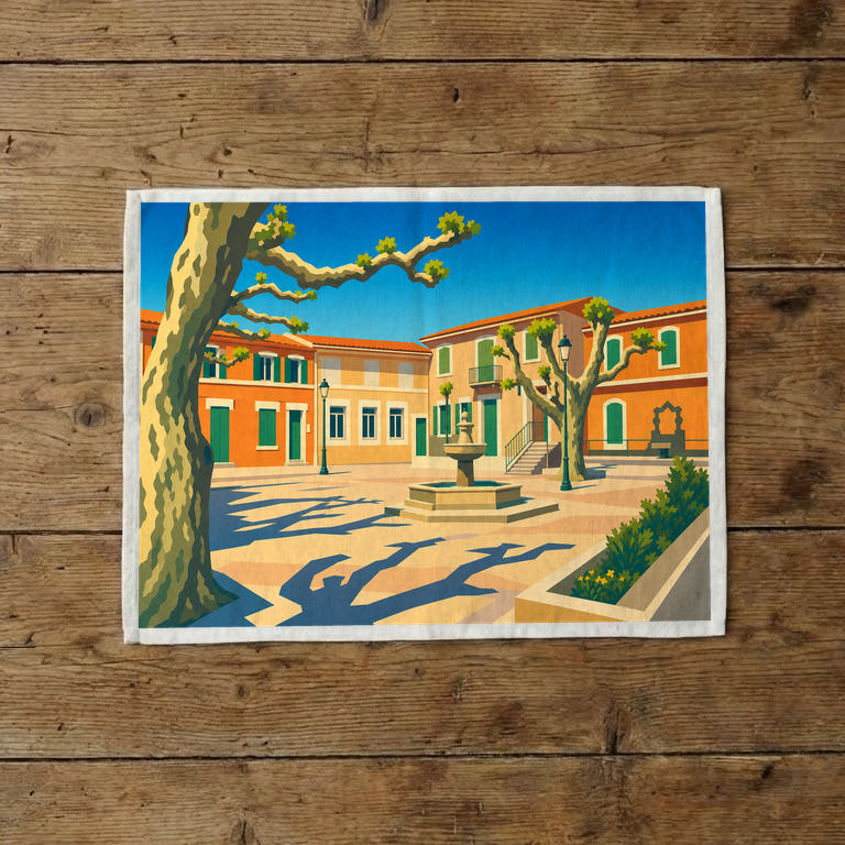 Torchon souvenir de la ville de La Destrousse avec une illustration stylisée d'une place de village ensoleillée.