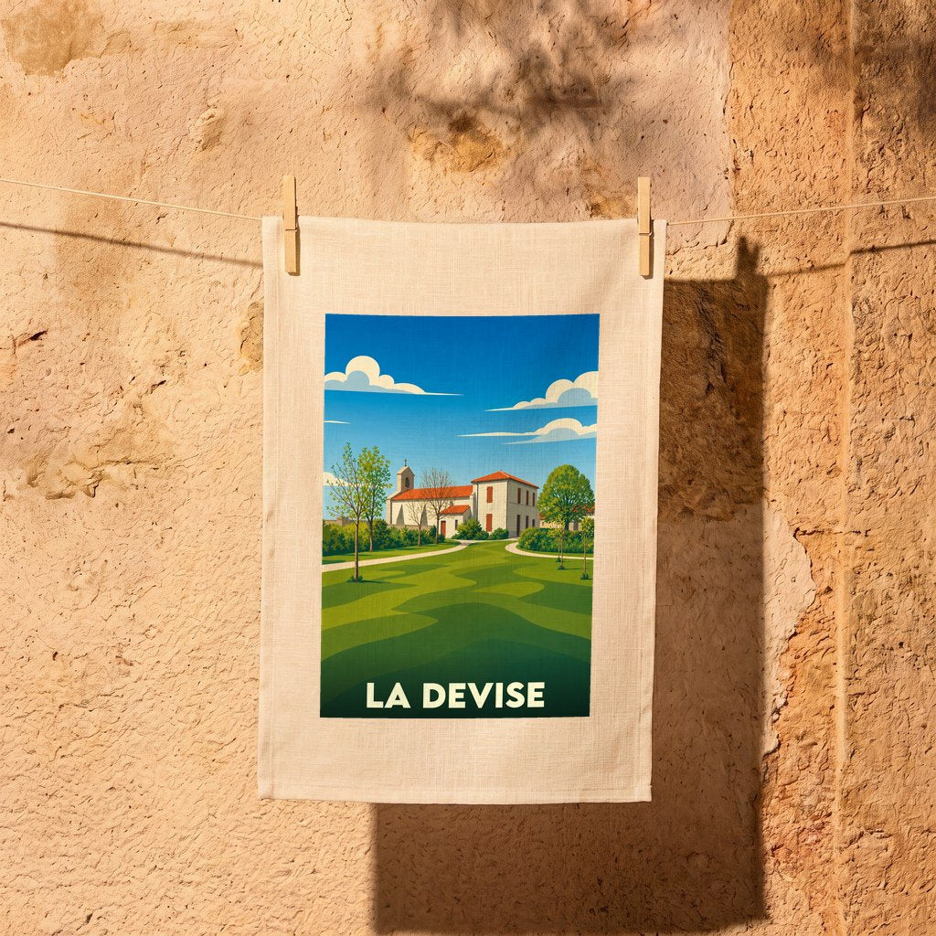 Torchon souvenir de la ville de La Devise avec une illustration stylisée d'un paysage ensoleillé.
