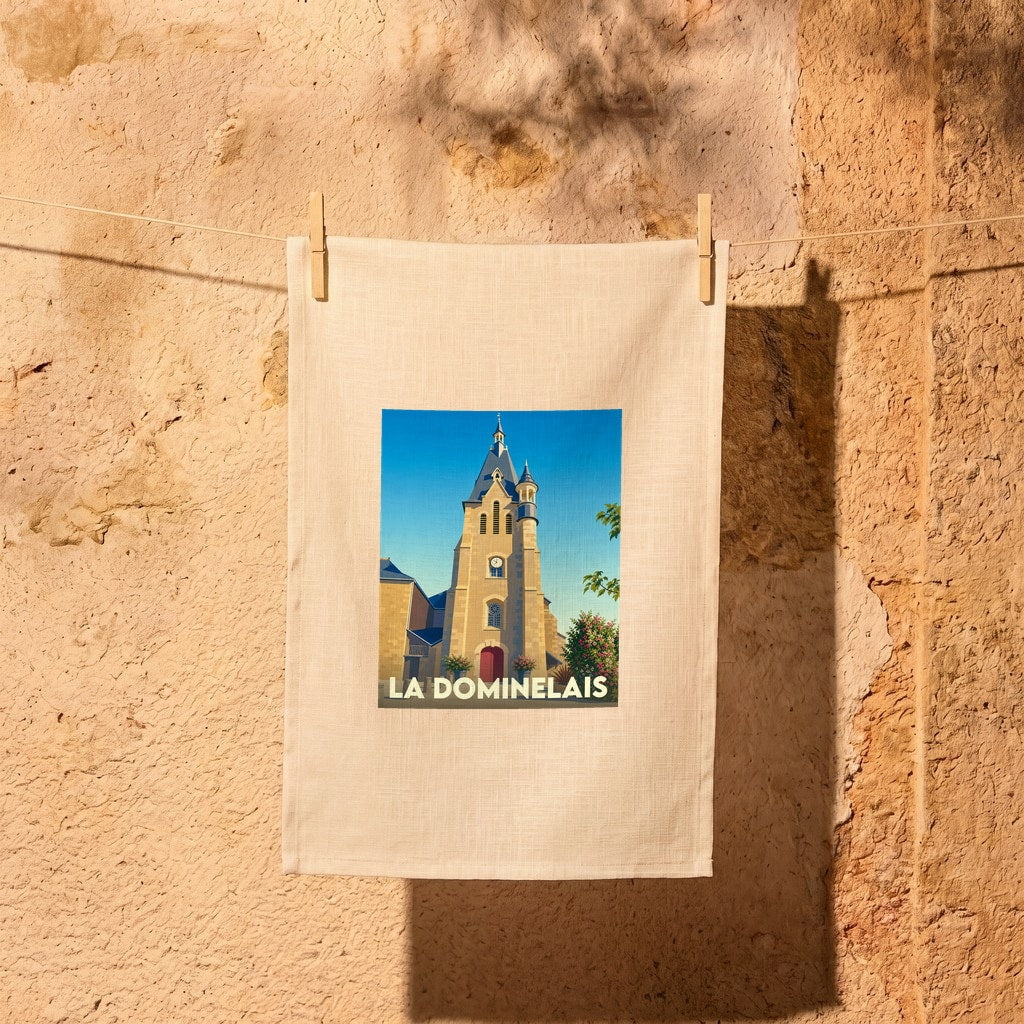 Torchon souvenir de la ville de La Dominelais avec une illustration stylisée de son église.