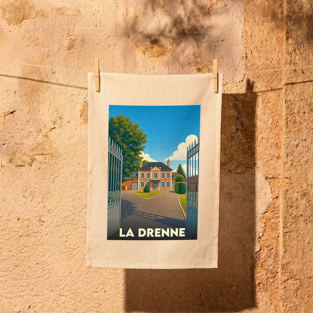Torchon souvenir de la ville de La Drenne avec une illustration stylisée.