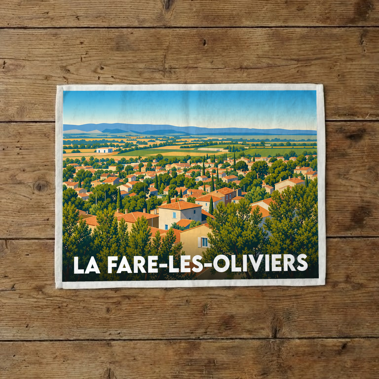 Torchon souvenir de la ville de La Fare-les-Oliviers illustré par un paysage provençal stylisé.