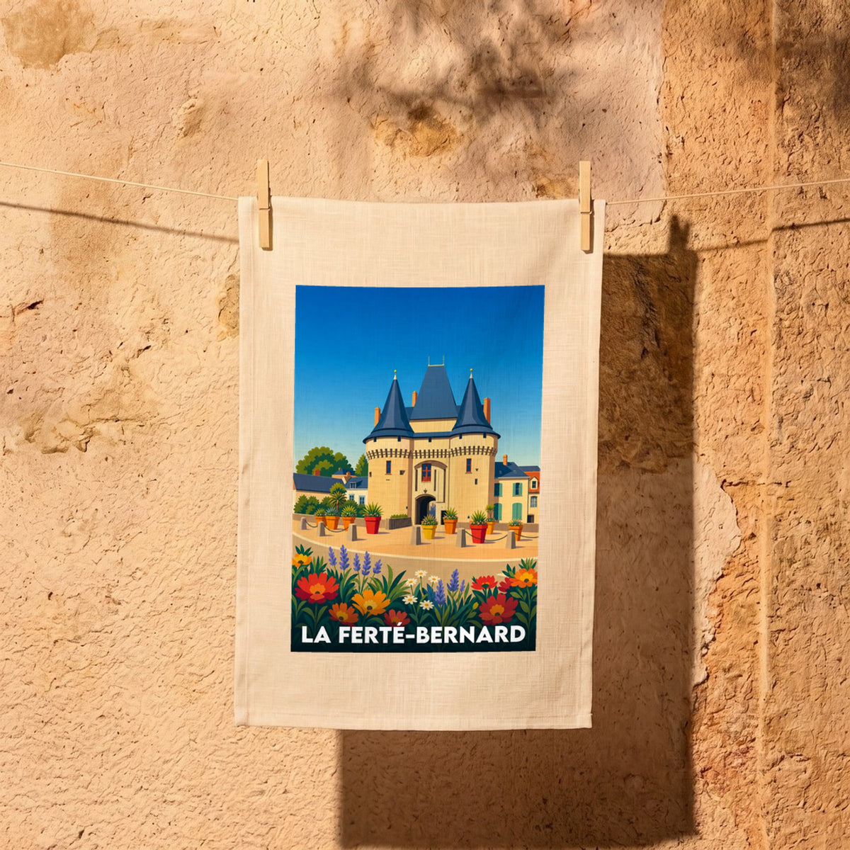 Torchon souvenir de la ville de La Ferté-Bernard avec une illustration stylisée de sa porte médiévale.