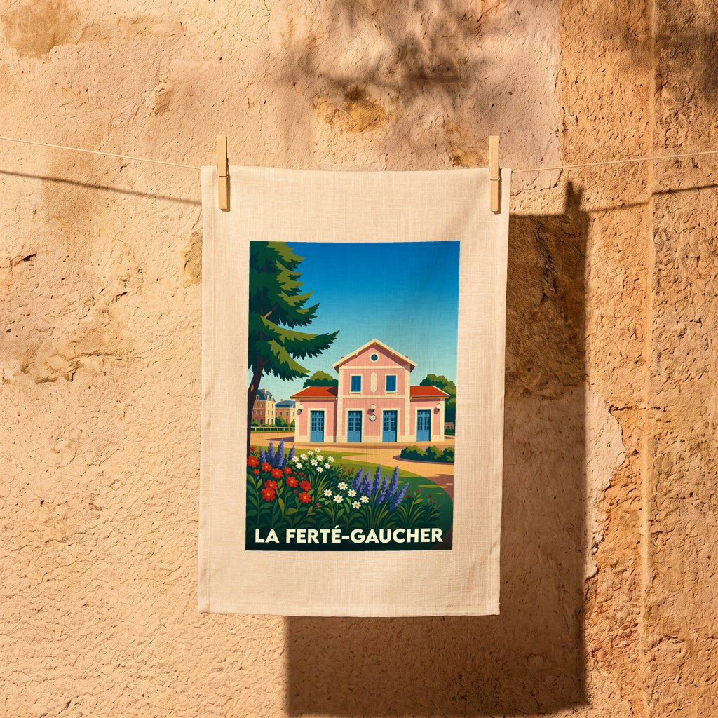 Torchon souvenir de la ville de La Ferté-Gaucher avec une illustration stylisée.