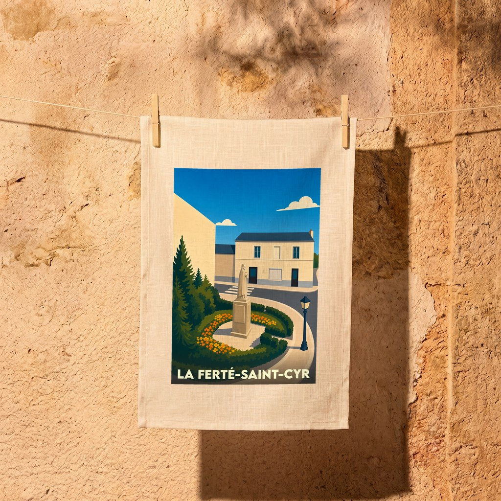 Torchon souvenir de la ville de La Ferté-Saint-Cyr avec une illustration stylisée.