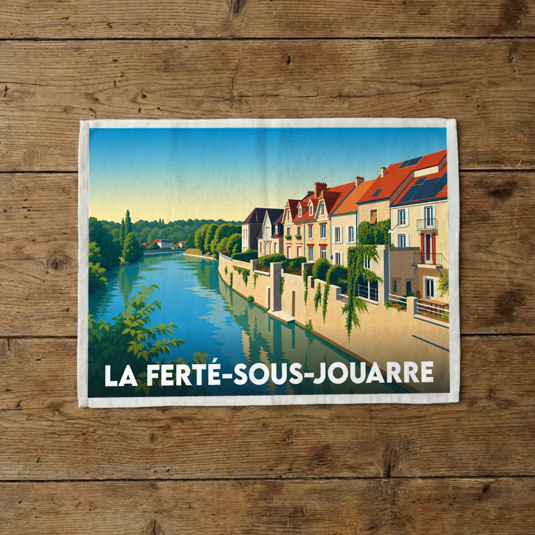 Torchon souvenir de la ville de La Ferté-sous-Jouarre illustré d'une vue bucolique des bords de Marne.