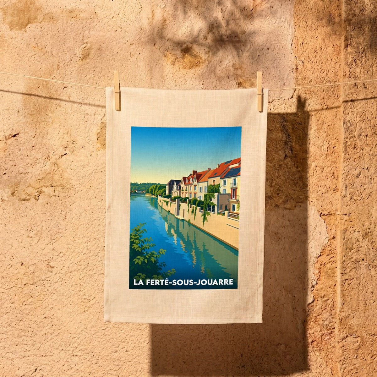 Torchon souvenir de la ville de La Ferté-sous-Jouarre illustré d'une vue bucolique des bords de Marne.