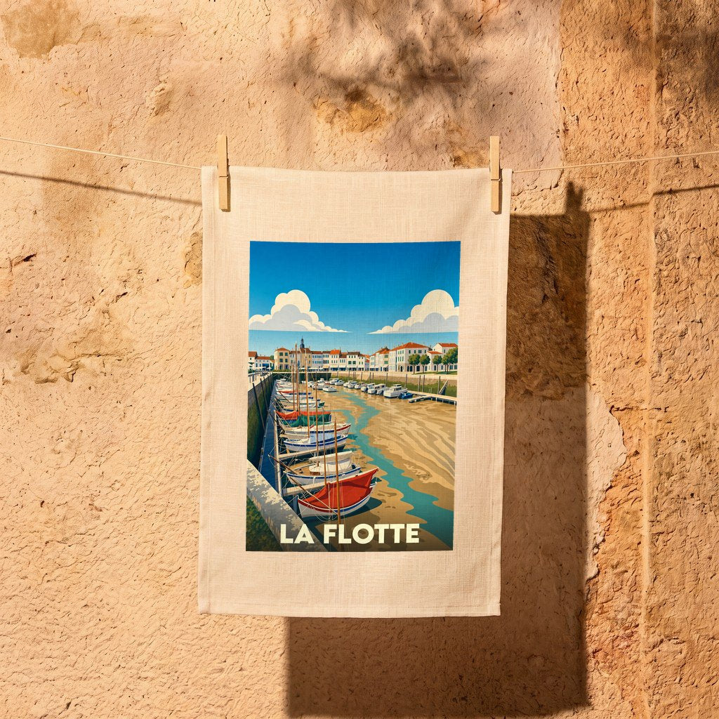 Torchon souvenir de la ville de La Flotte avec une illustration stylisée de son port.