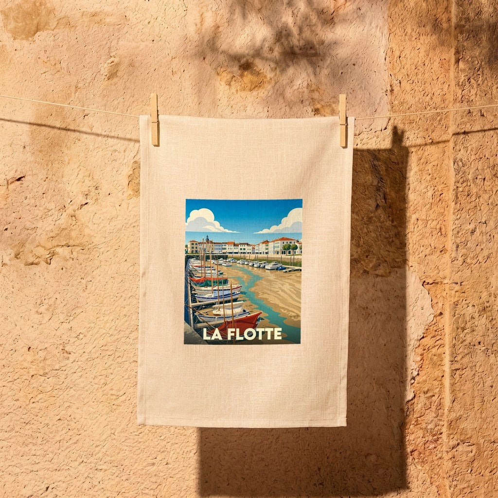 Torchon souvenir de la ville de La Flotte avec une illustration stylisée de son port.