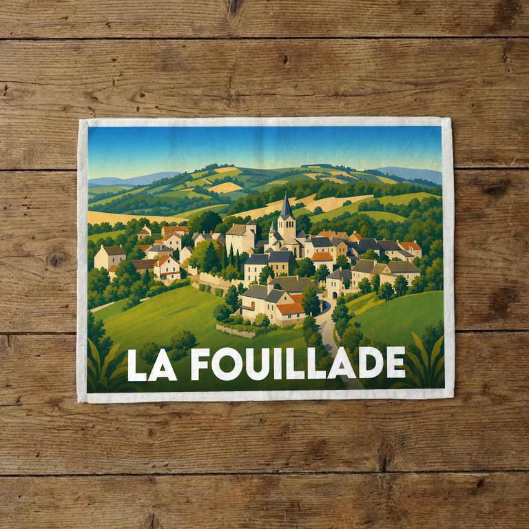 Torchon souvenir de la ville de La Fouillade avec une illustration stylisée de ses paysages vallonnés.