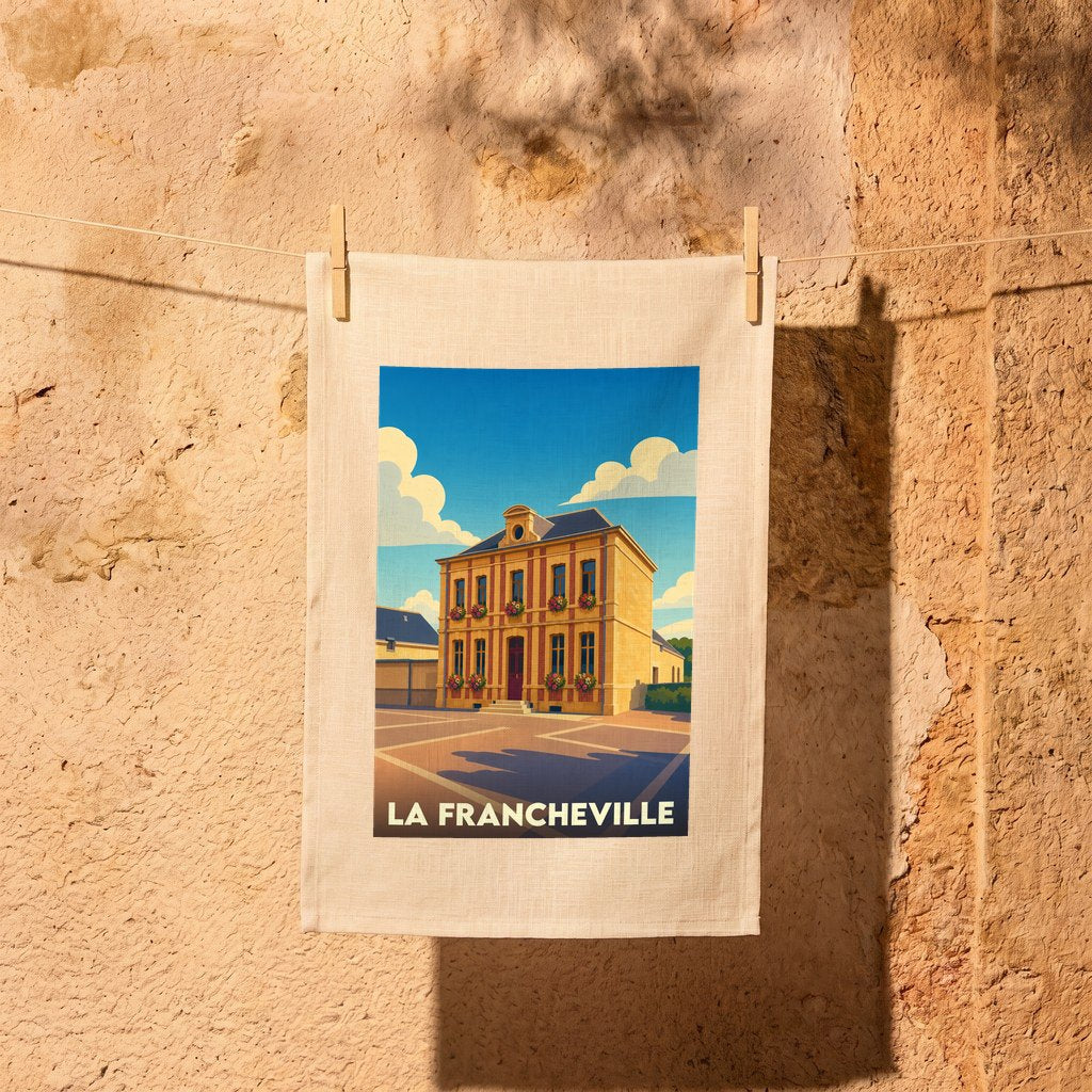Torchon souvenir de la ville de La Francheville avec une illustration stylisée de sa mairie.
