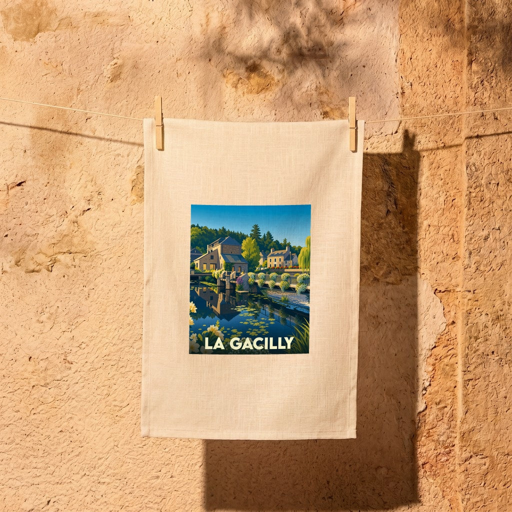 Torchon souvenir de la ville de La Gacilly avec une illustration stylisée d'un paysage au bord de l'eau.