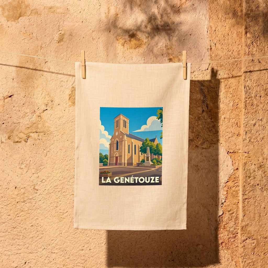 Torchon souvenir de la ville de La Genétouze avec une illustration stylisée de son église.