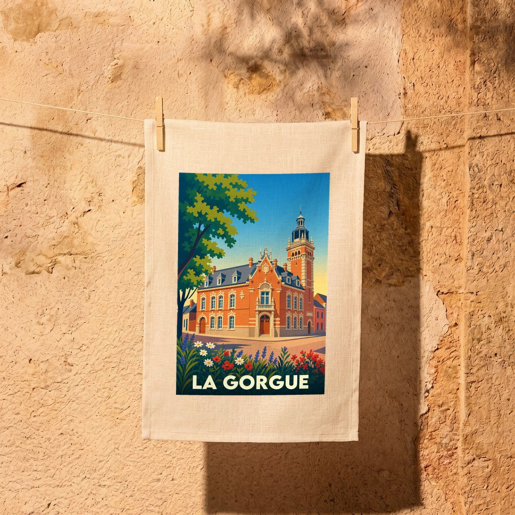Torchon souvenir de la ville de La Gorgue illustré par un dessin stylisé de son hôtel de ville.
