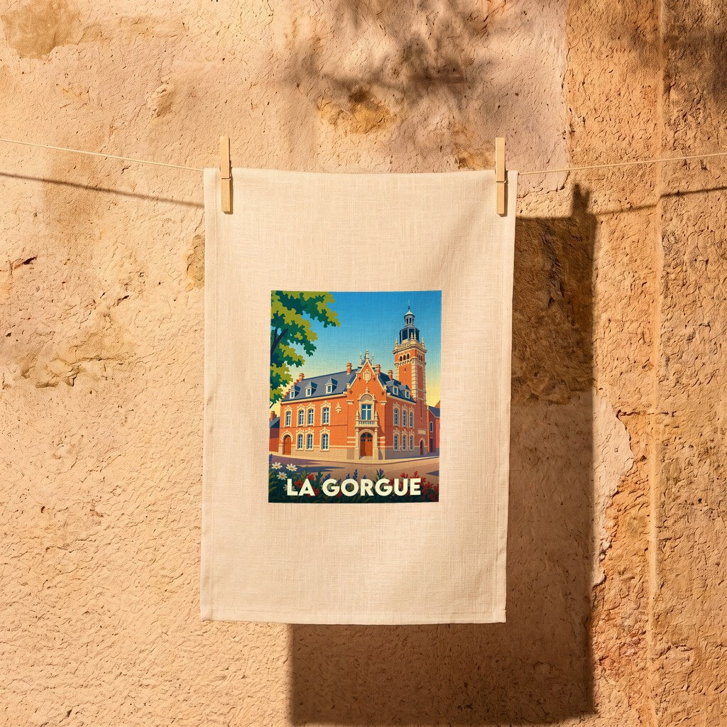 Torchon souvenir de la ville de La Gorgue avec une illustration stylisée de son hôtel de ville.