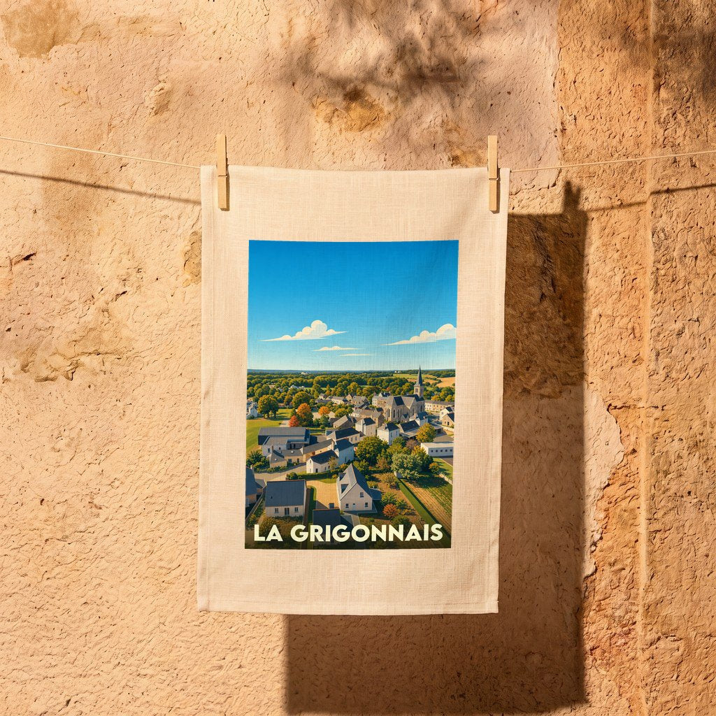 Torchon souvenir de la ville de La Grigonnais avec une illustration stylisée.