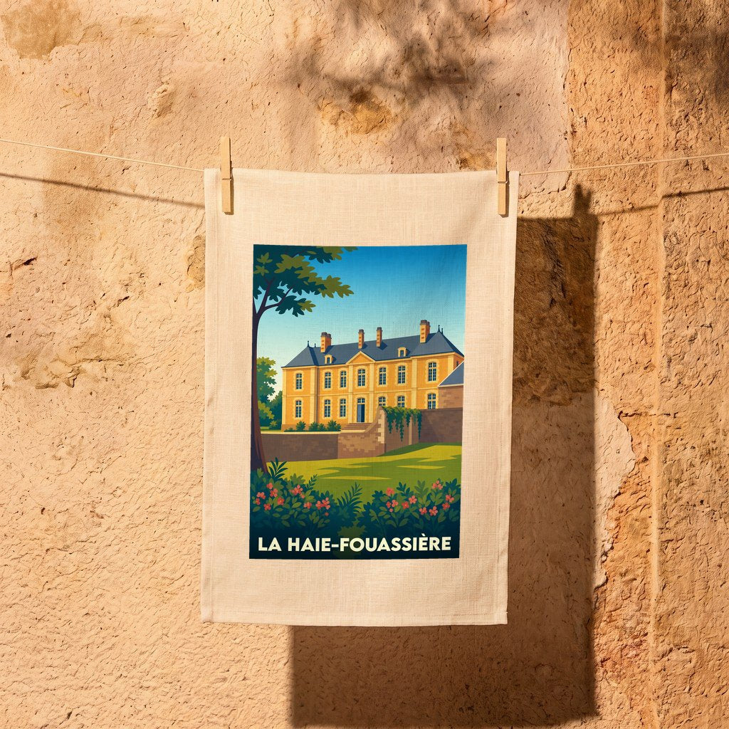 Torchon souvenir de la ville de La Haie-Fouassière avec une illustration stylisée de château.