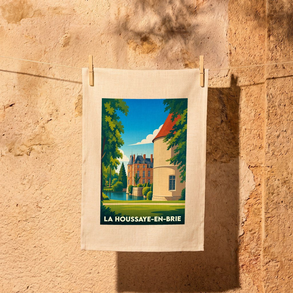 Torchon souvenir de la ville de La Houssaye-en-Brie avec une illustration stylisée de son château.