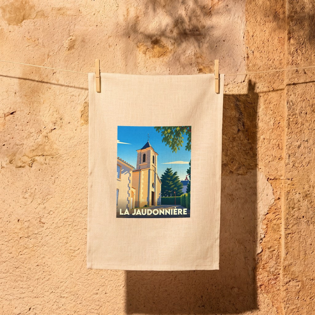 Torchon souvenir de la ville de La Jaudonnière avec une illustration stylisée de son église.