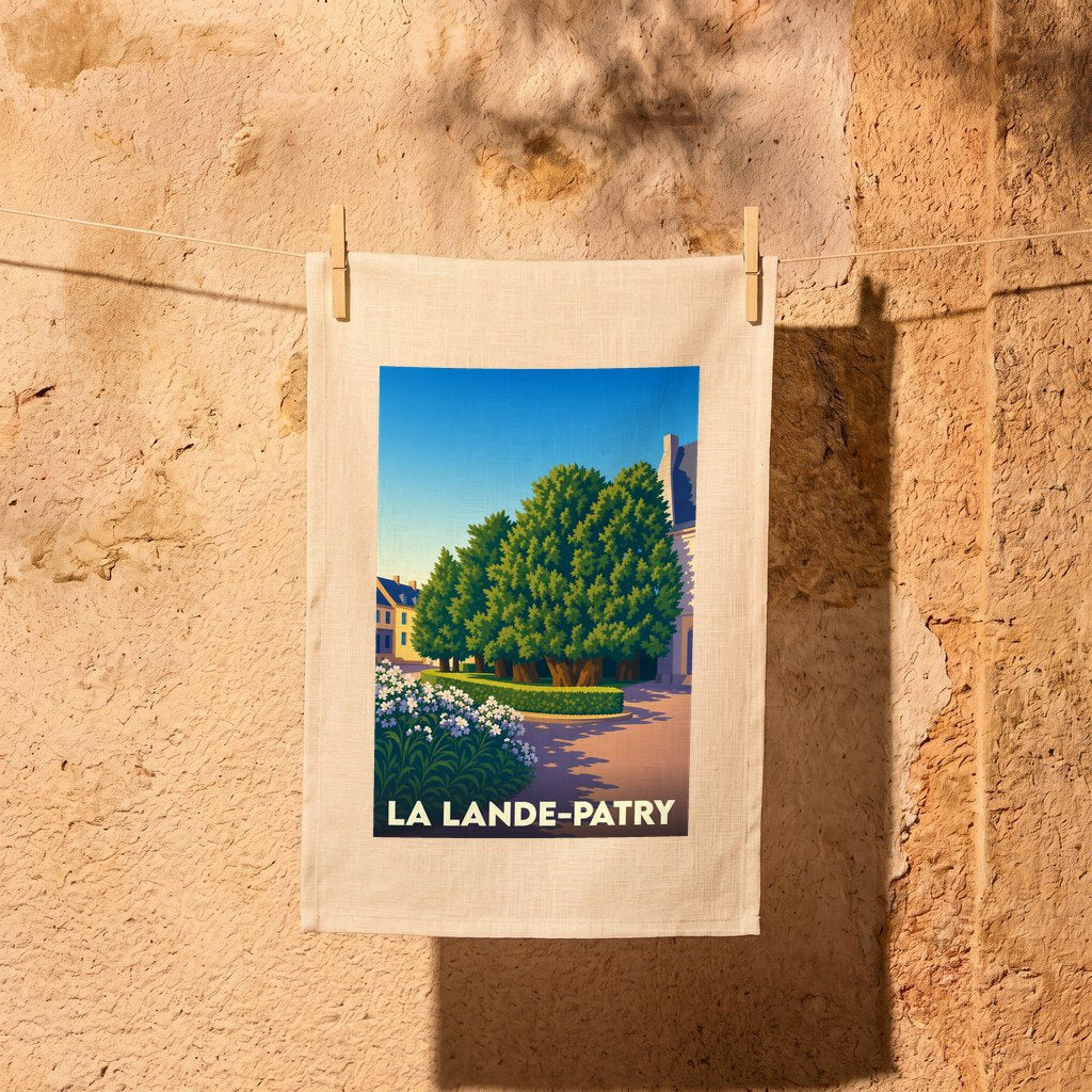 Torchon souvenir de la ville de La Lande-Patry avec une illustration stylisée et colorée d'un paysage arboré.