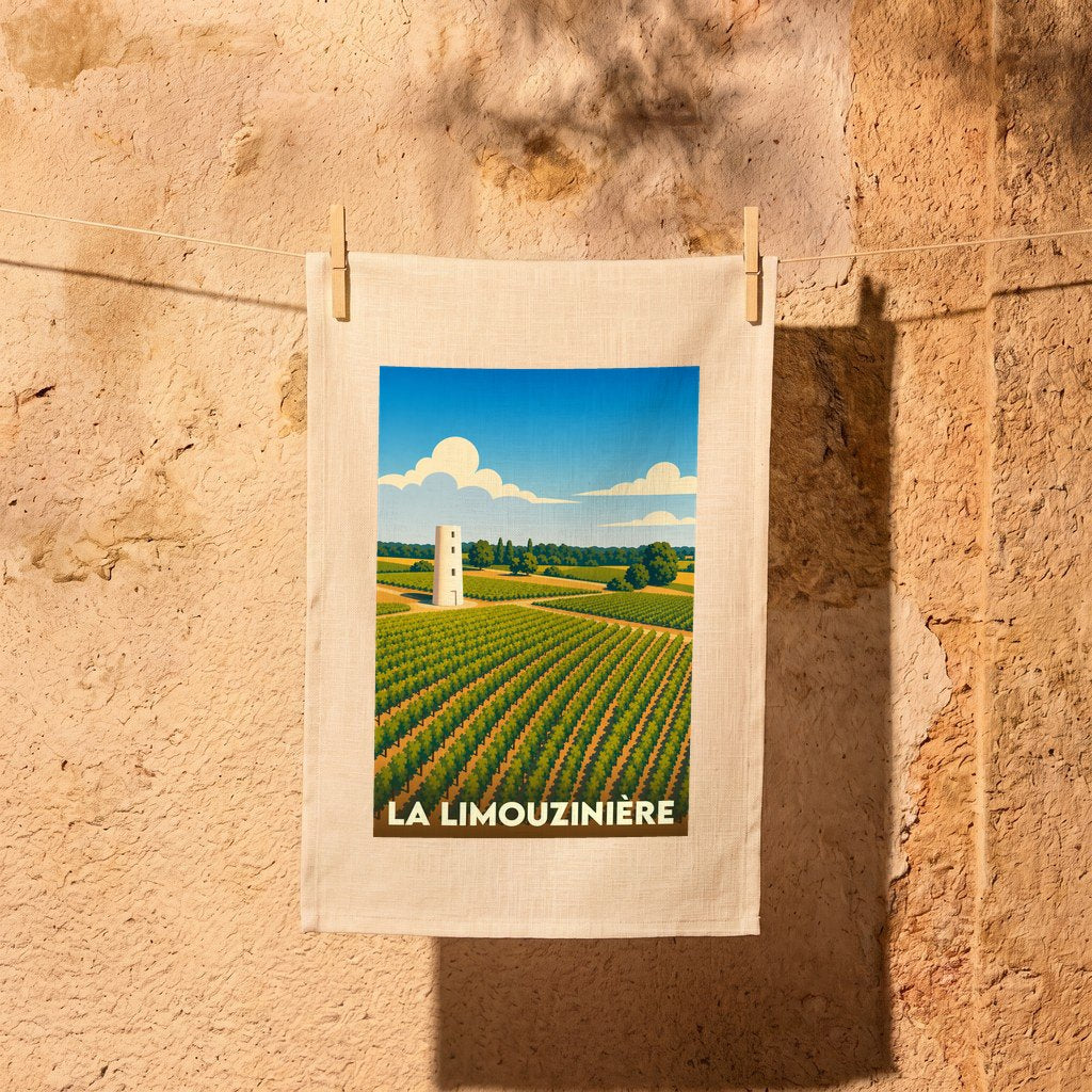 Torchon souvenir de la ville de La Limouzinière avec une illustration stylisée de vignobles.
