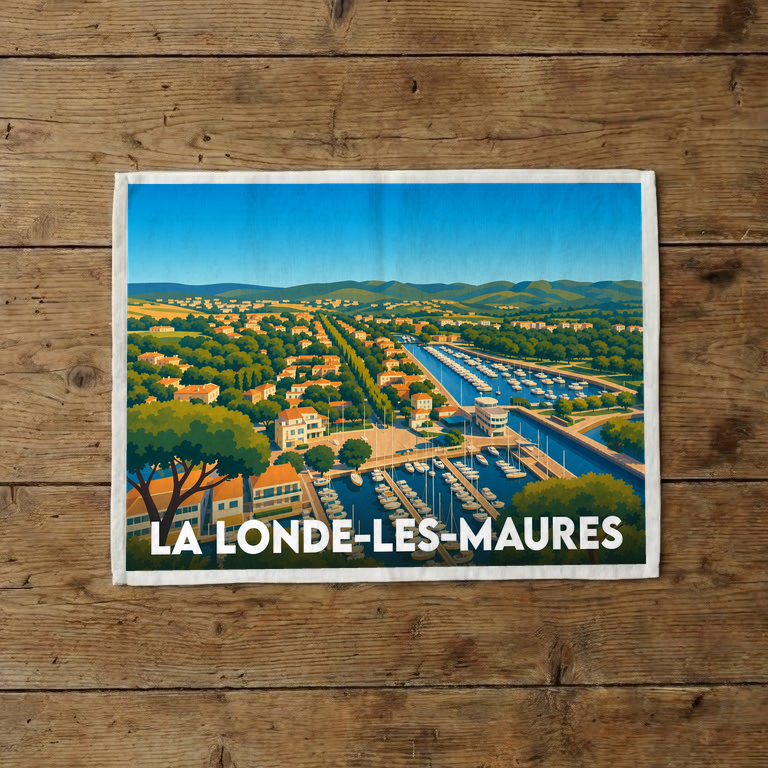 Torchon souvenir de la ville de La Londe-les-Maures avec une illustration stylisée du port et de ses environs.