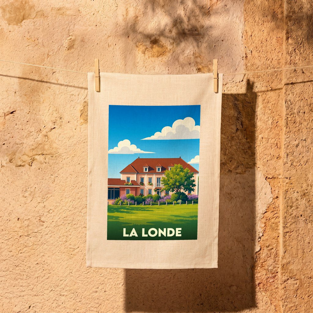 Torchon souvenir de la ville de La Londe avec une illustration stylisée d'une bâtisse provençale.