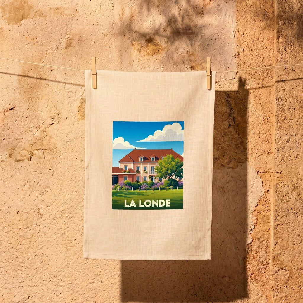 Torchon souvenir de la ville de La Londe avec une illustration stylisée d'une bâtisse provençale.