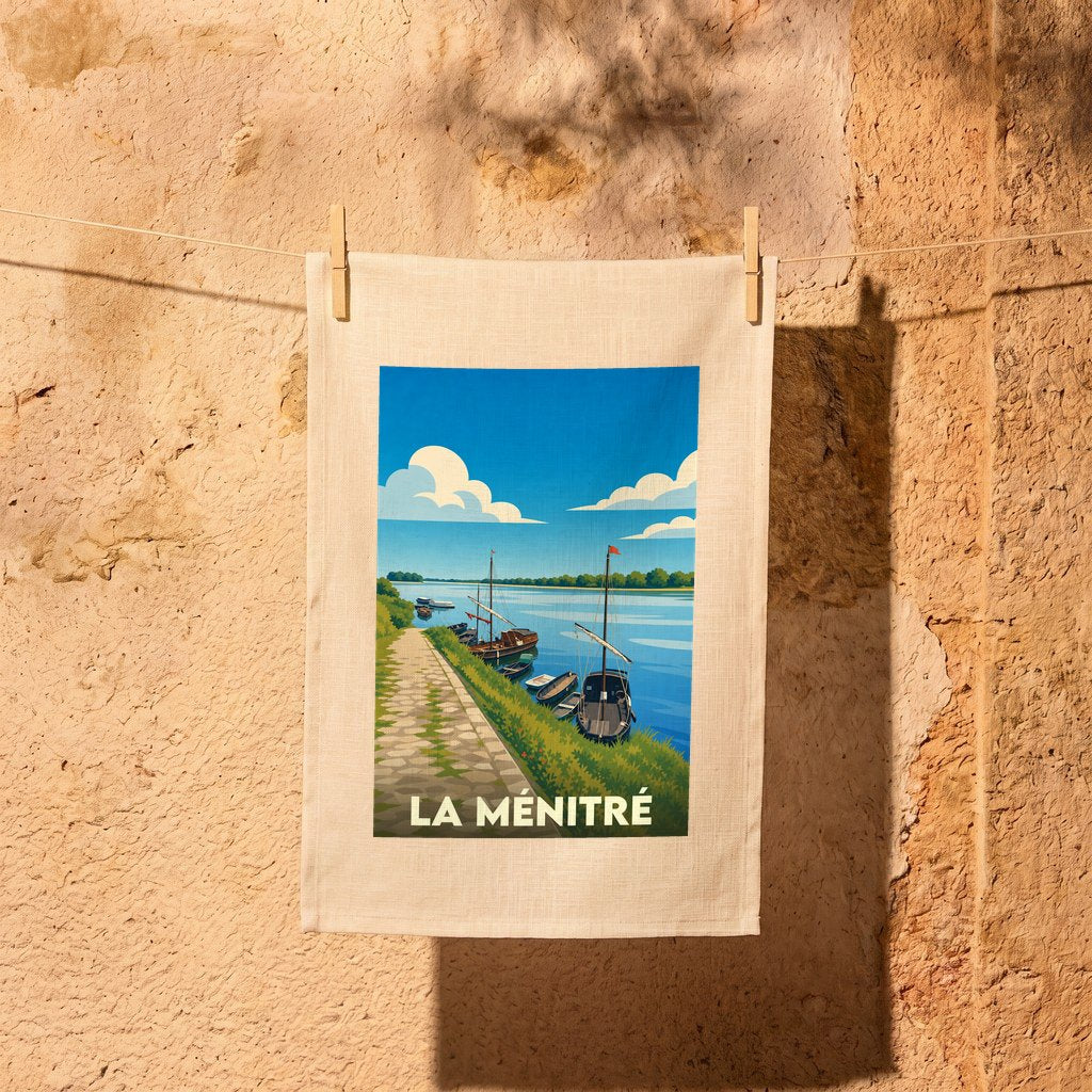 Torchon souvenir de la ville de La Ménitré avec une illustration stylisée d'un port de Loire.
