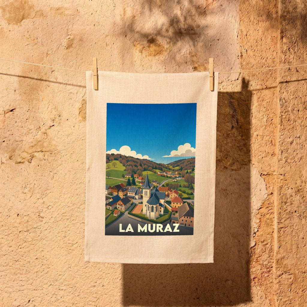 Torchon souvenir de la ville de La Muraz avec une illustration stylisée.