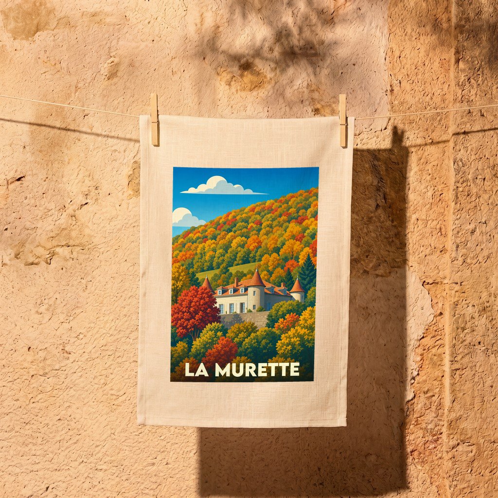 Torchon souvenir de la ville de La Murette avec une illustration stylisée d'un château entouré de collines automnales.
