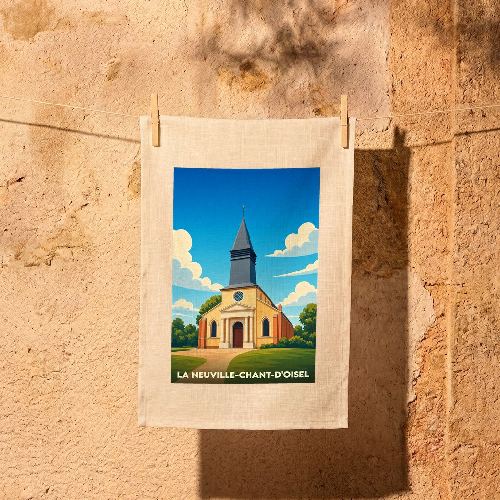 Torchon souvenir de la ville de La Neuville-Chant-d'Oisel illustré d'une église sous un ciel bleu.