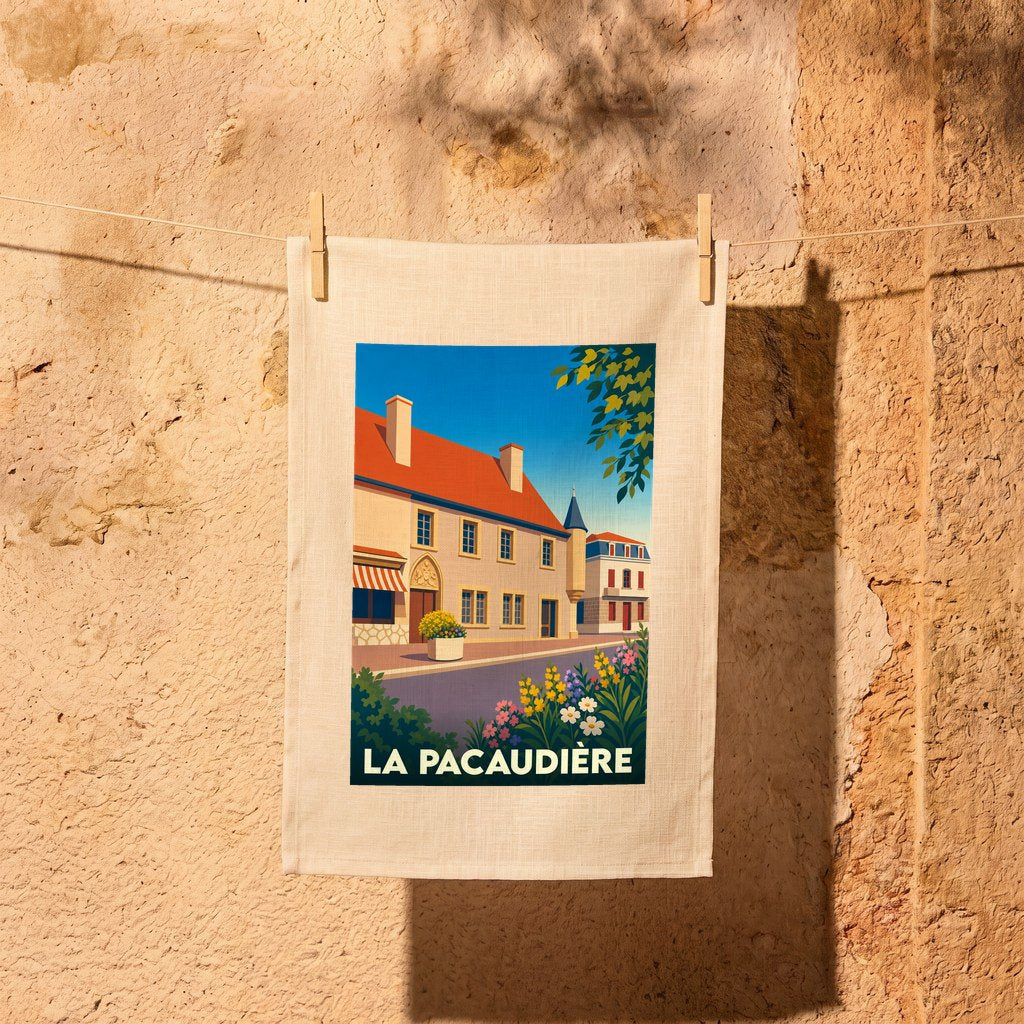 Torchon souvenir de la ville de La Pacaudière avec une illustration stylisée.