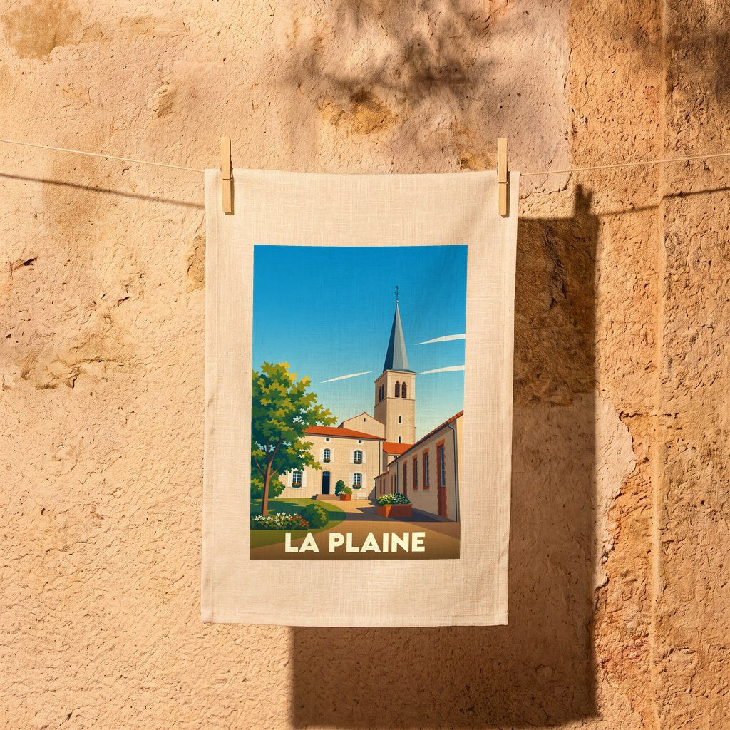 Torchon souvenir de la ville de La Plaine avec une illustration stylisée.