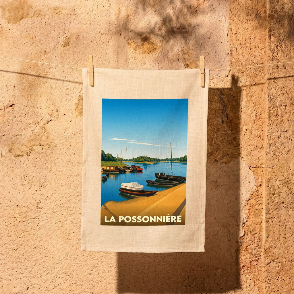 Torchon souvenir de la ville de La Possonnière avec une illustration stylisée de bateaux sur la Loire.