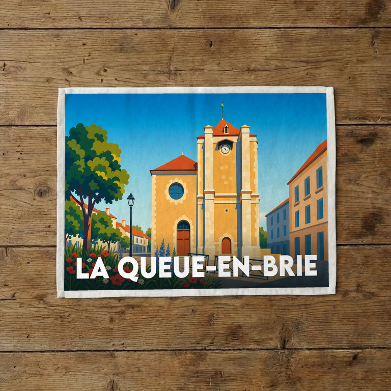 Torchon souvenir de la ville de La Queue-en-Brie avec une illustration stylisée.