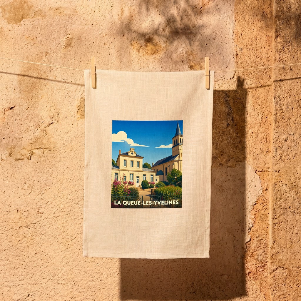 Torchon souvenir de la ville de La Queue-les-Yvelines avec une illustration stylisée d'un paysage urbain.