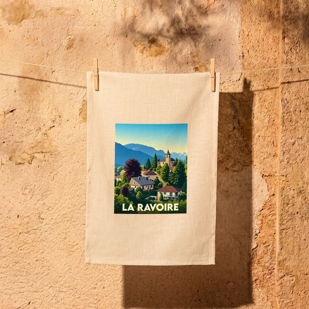 Torchon souvenir de la ville de La Ravoire avec une illustration stylisée de style affiche vintage.