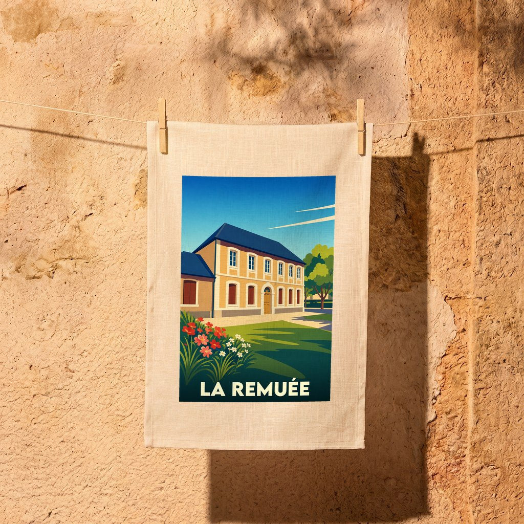 Torchon souvenir de la ville de La Remuée orné d'une illustration stylisée de style affiche vintage.