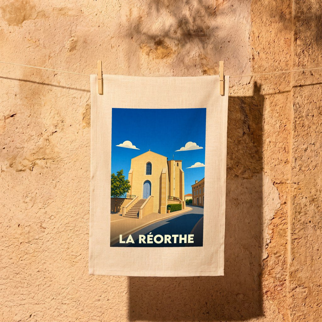 Torchon souvenir de la ville de La Réorthe avec une illustration stylisée de son église sous un ciel bleu.