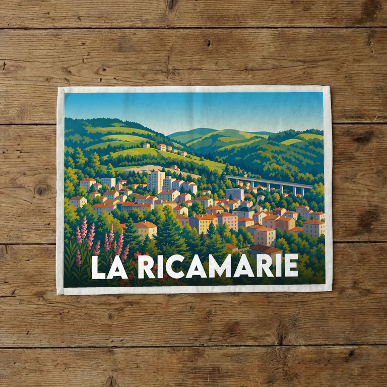 Torchon souvenir de la ville de La Ricamarie avec une illustration stylisée de ses paysages et habitations.