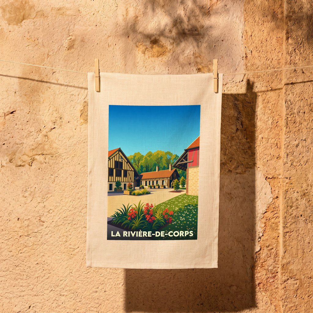 Torchon souvenir de la ville de La Rivière-de-Corps avec une illustration stylisée.