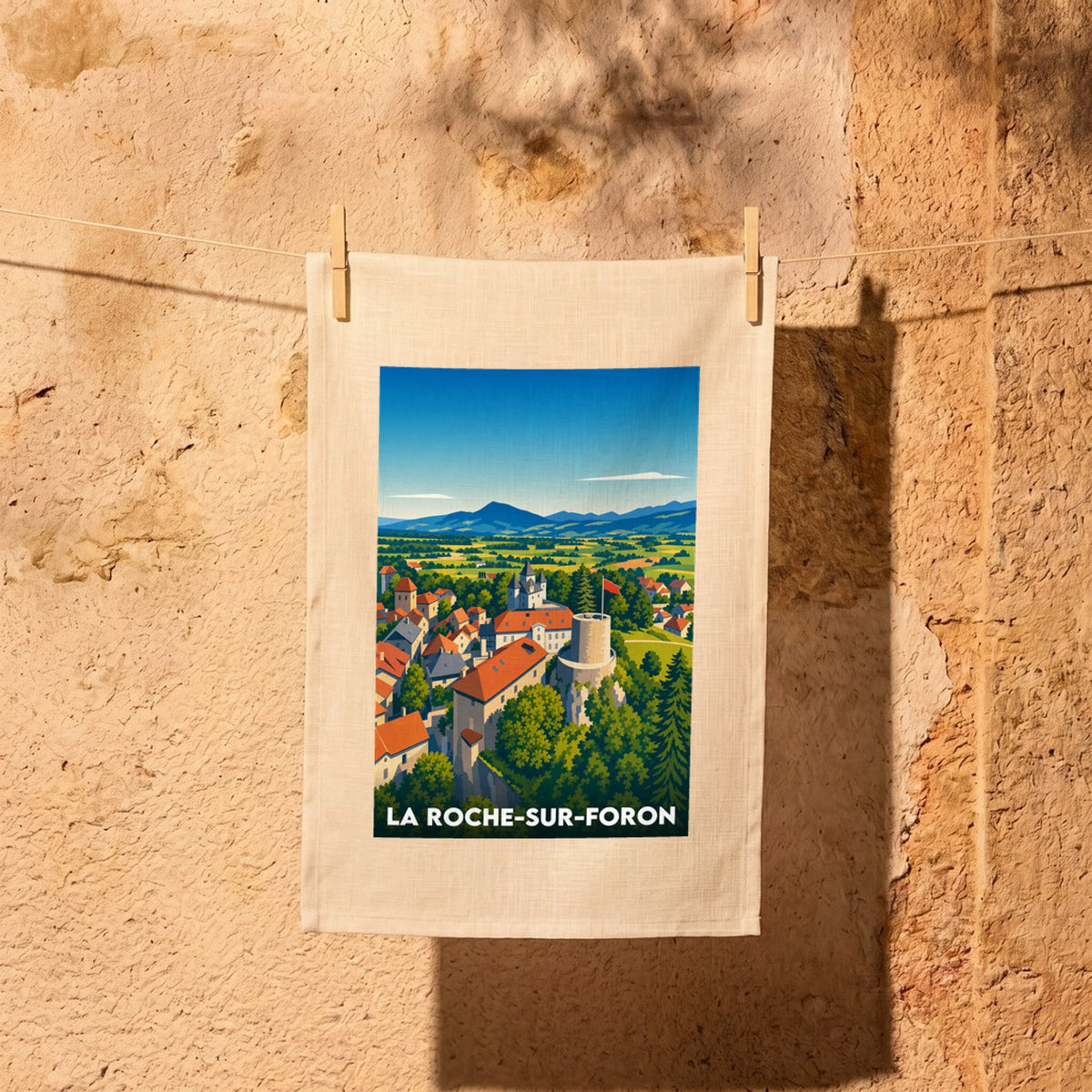 Torchon souvenir de la ville de La Roche-sur-Foron avec une illustration stylisée.