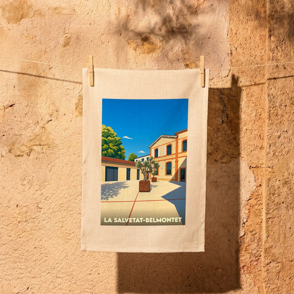 Torchon souvenir de la ville de La Salvetat-Belmontet avec une illustration stylisée d'une cour ensoleillée.