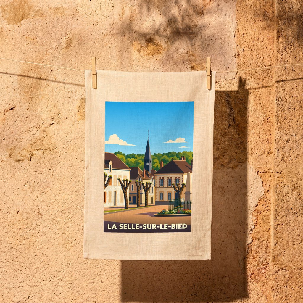 Torchon souvenir de la ville de La Selle-sur-le-Bied avec une illustration stylisée.